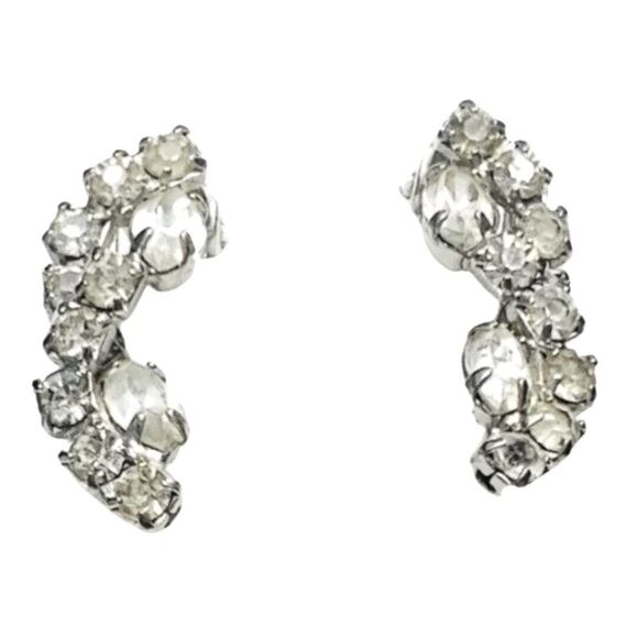 Vintage Crystal Shimmering Rhinestone Bling Sparkle Clip On Button Earrings - Picture 1 of 10